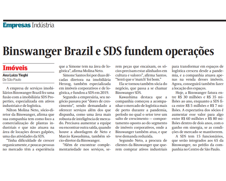 Binswanger Brazil e SDS fundem operações