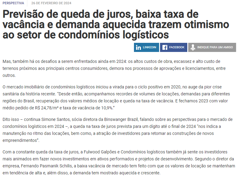 Previsão de queda de juros, baixa taxa de vacância e demanda aquecida trazem otimismo ao setor de condomínios logísticos