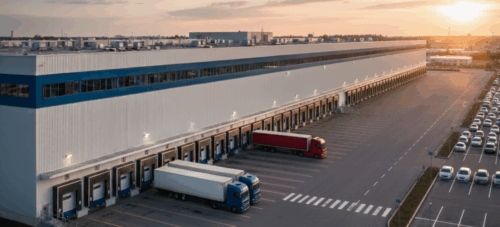 Grande centro de distribuição moderno com diversas docas de carregamento e carretas estacionadas, ilustrando o crescimento do mercado de galpões logísticos no Brasil.