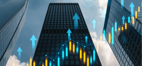 Avaliação de ativos: prédio comercial e elementos gráficos ilustrando alta em investimento imobiliário.